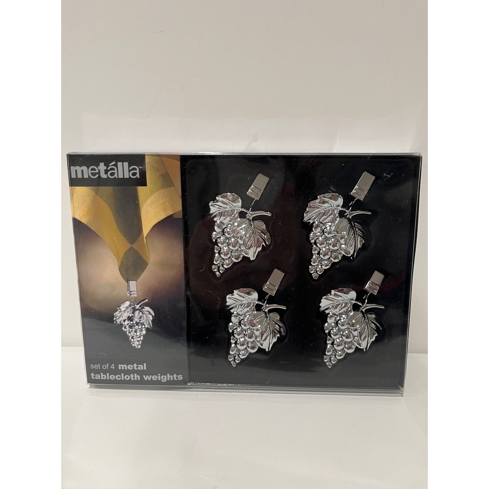 Vtg Metalla Grape Tablecloth Weights Set of 4 Metal‎ Silver Tone New in Box